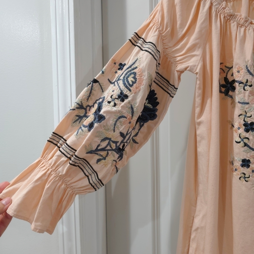 FREE PEOPLE Floral Embroidered Peasant Off The Shoulder Mini Dress, Size XS - Picture 6 of 15